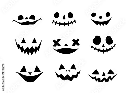Halloween pumpkin or ghost faces vector set. Spooky pumpkin smile isolated on white background.