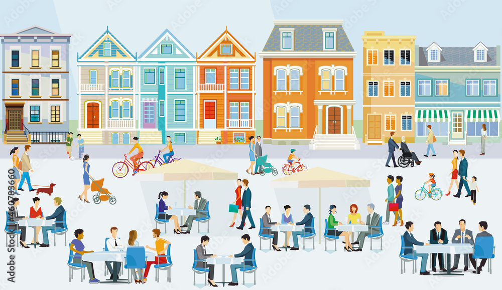 Stadt mit Fußgänger und Familien in der Freizeit, Autofreie Zone, Illustration Stadt mit Fußgänger und Familien in der Freizeit, Autofreie Zone, Illustration