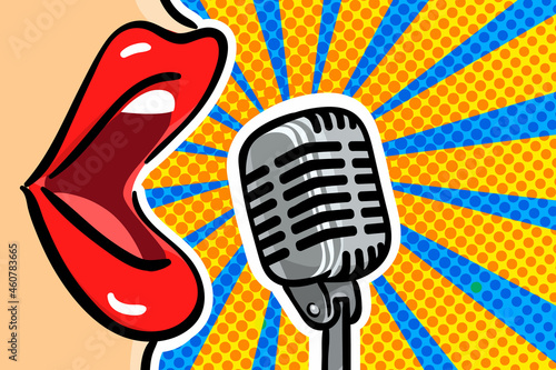 Pop-art music singing woman's mouth with retro microphone