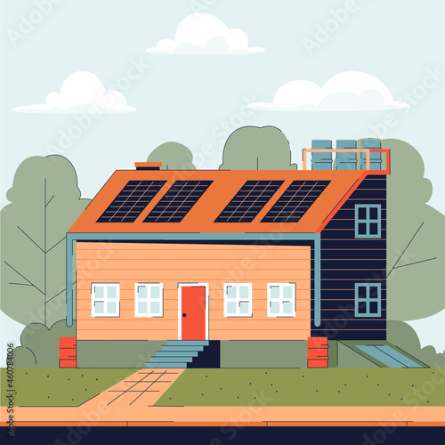 country house with solar panels and water system