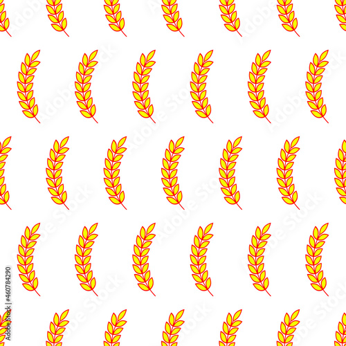 Background and pattern with red yellow ears of wheat, barley or rye. Vector seamless repeating editable template on white background. 