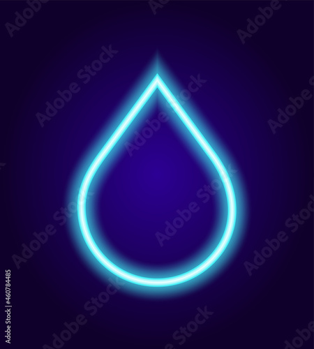 neon water drop. The glow-in-the-dark liquid sign is a neon outline of blue on a dark background. vector isolated cleanliness symbol