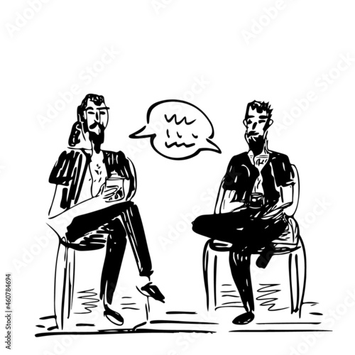 Two friends sit and talk, hand-drawn sketch. Men communicate, interviews. Pleasant chat. Conversation on interesting topics in a friendly atmosphere. Linear art, fast sloppy drawing. Isolated. Vector © Ольга Фурманюк