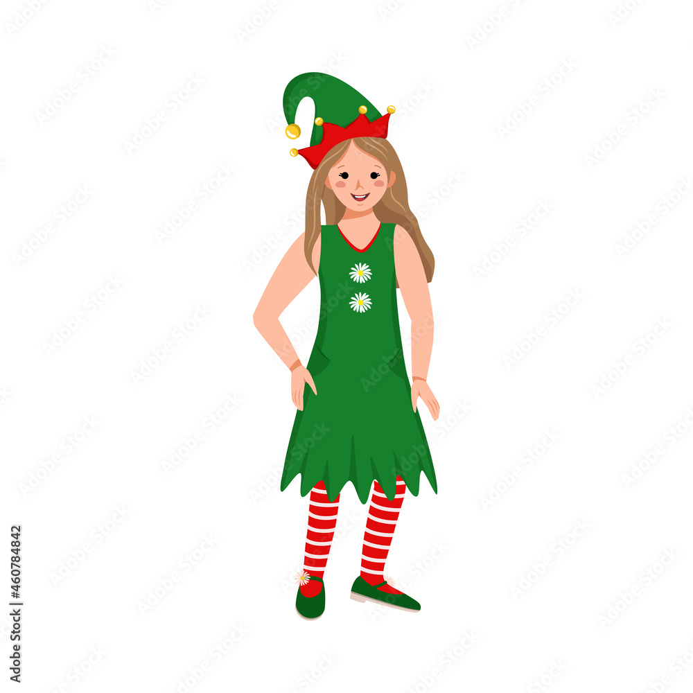 Cute girl with happy face and eyes in festive elf costume for Christmas, New Year or holiday Cute girl with happy face and eyes in festive elf costume for Christmas, New Year or holiday