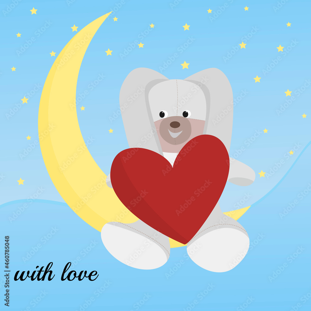 greeting card with love. A hare sits on a moon in the sky among the stars and holds a huge heart from below the text in words with love. Banner, background, holiday greeting card greeting card with love. A hare sits on a moon in the sky among the stars and holds a huge heart from below the text in words with love. Banner, background, holiday greeting card