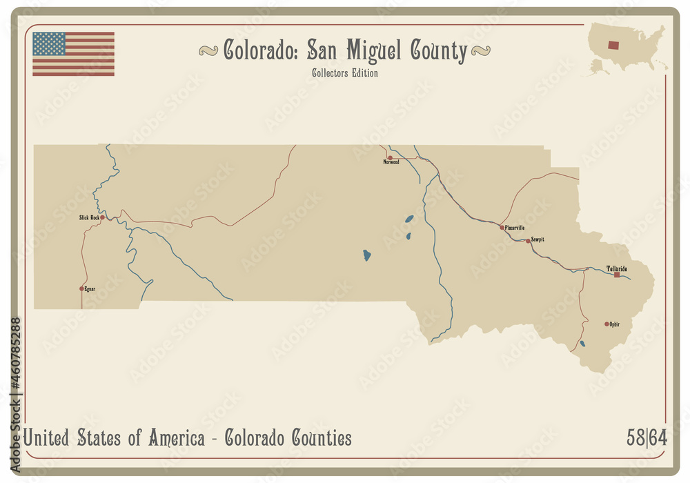 Map on an old playing card of San Miguel county in Colorado, USA.