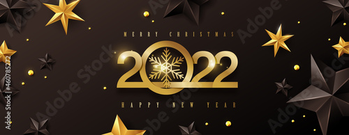 Merry christmas and happy new year 2022 text design background Decorated with Gold and black Stars 