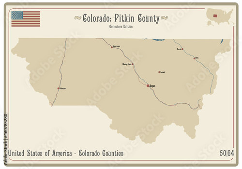 Map on an old playing card of Pitkin county in Colorado, USA. photo