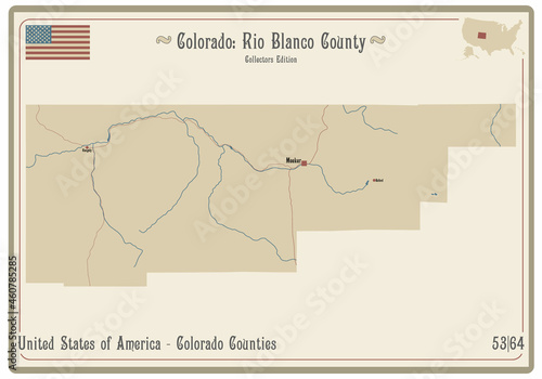 Map on an old playing card of Rio Blanco county in Colorado, USA. photo