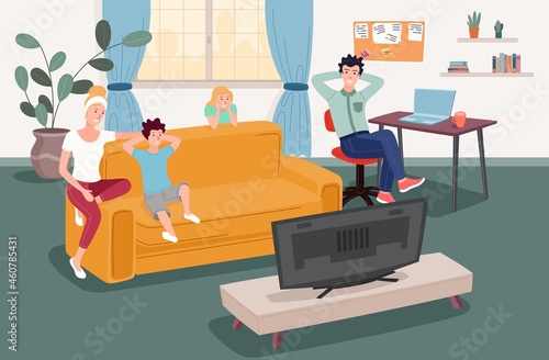 Happy family watching TV at home together. Mom, dad, son and daughter. Household family leisure. Vector template