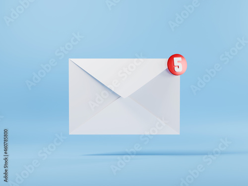 Envelope 3D E-mail icon and five messages notification, New incoming messages unread mail, SMS inbox or mailbox, logotype graphic element design on blue background, 3D rendering illustration photo