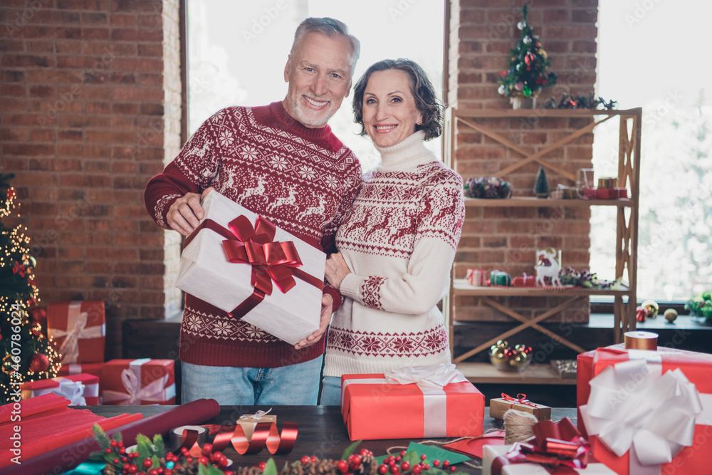 Photo of two positive married parents hold gift package shiny beaming wear ornament pullover home indoors
