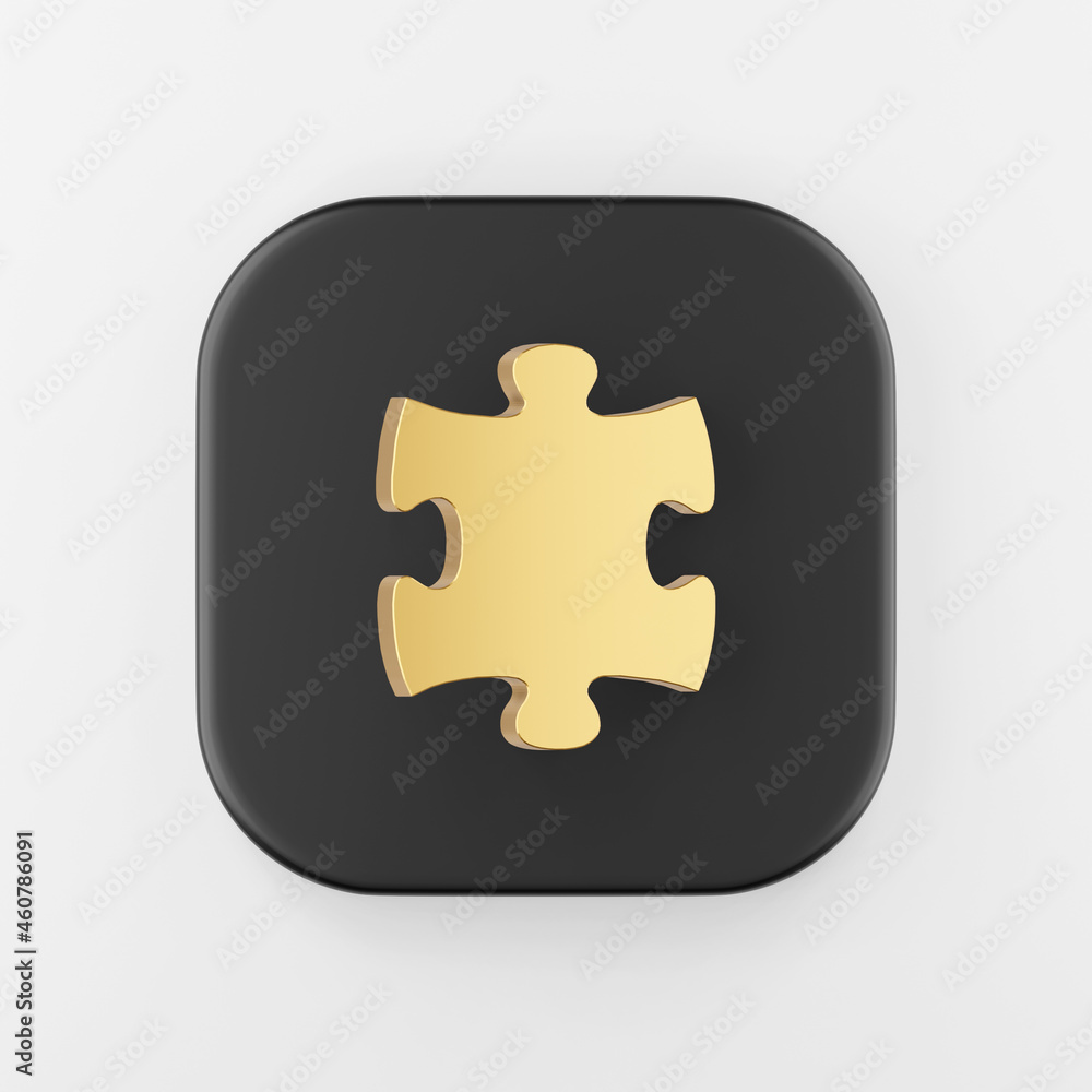 Golden puzzle icon. 3d rendering black square button key, interface ui ux element. Golden puzzle icon. 3d rendering black square button key, interface ui ux element.