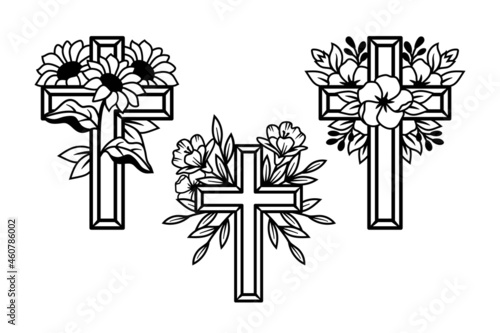 Religious Flower Crosses Set, Floral Cross, Faith Cross line drawing vector illustration