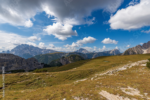 Mountain peak of Monte Cristallo, Croda Rossa D'Ampezzo or Hohe Gaisl, Picco di Vallandro or Durrenstein, Monte Piana or Monte Piano, panoramic view from Tre Cime di Lavaredo. Alps, Italy, Europe.