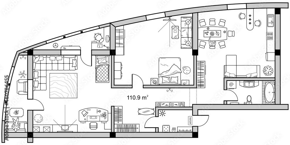 Apartment floor plan. Vector architectural plan of flat or house. Interior design elements kitchen, bedroom, bathroom furniture. Drawing with the arrangement of furniture in top view.