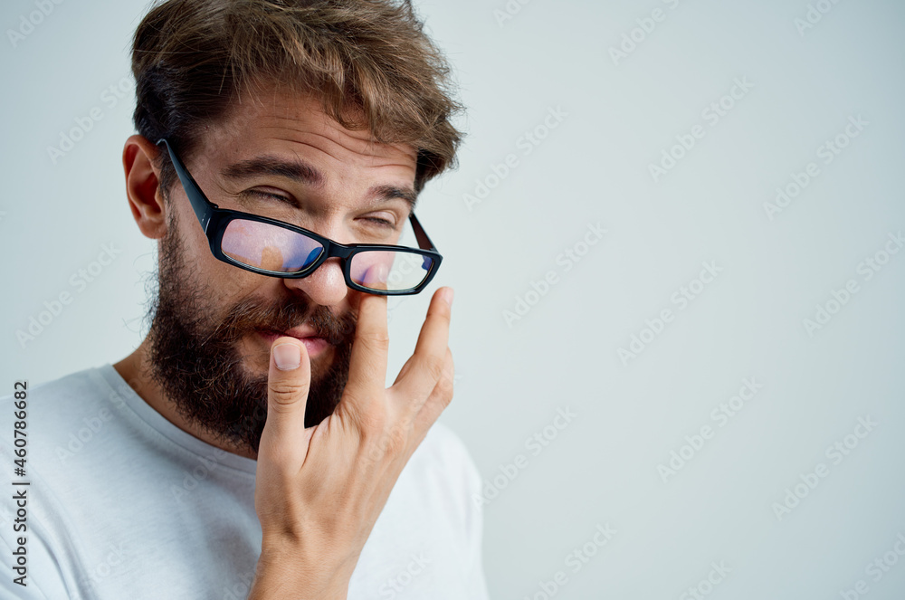 sick man with poor eyesight health problems isolated background sick man with poor eyesight health problems isolated background
