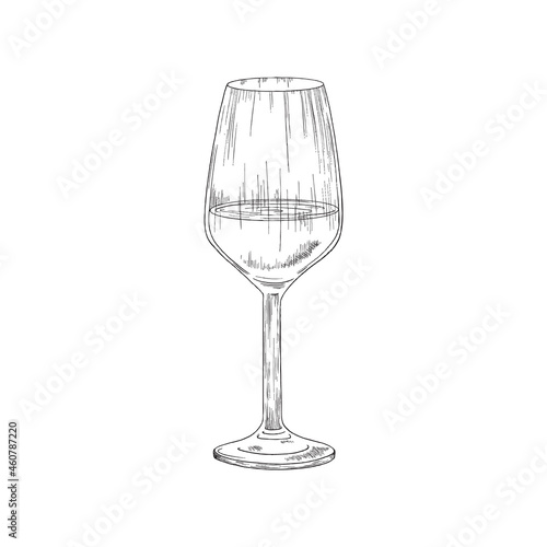 Hand drawn grape wine glass, vintage engraving vector illustration isolated.
