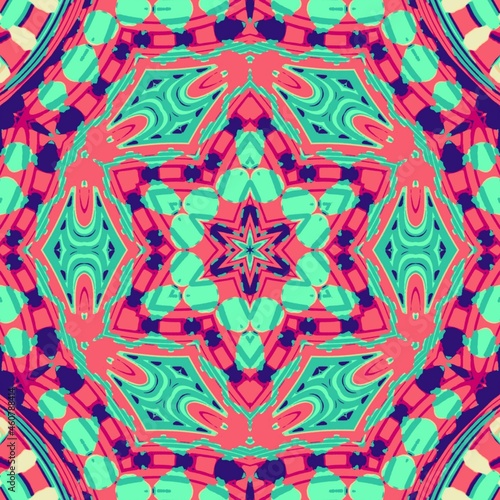 Chemistry pattern abstract background kaleidoscope with mint and pink colors. Lines and geometric shapes creative artsy ornamental backplate hexagon © Marina