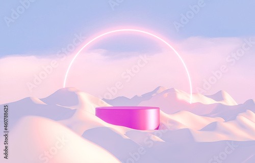 Abstract winter landscape scene with product stand and neon light. 3d rendering.