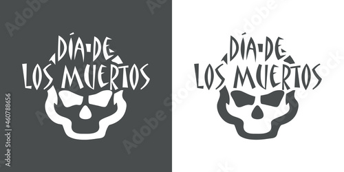 Banner con texto Día de los muertos en español con calavera en fondo gris y fondo blanco