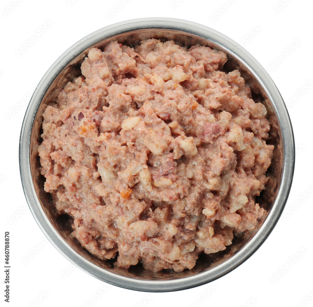 Wet pet food in feeding bowl isolated on white, top view Wet pet food in feeding bowl isolated on white, top view