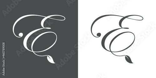 Logotipo letra inicial E con hojas de planta en fondo gris y fondo blanco