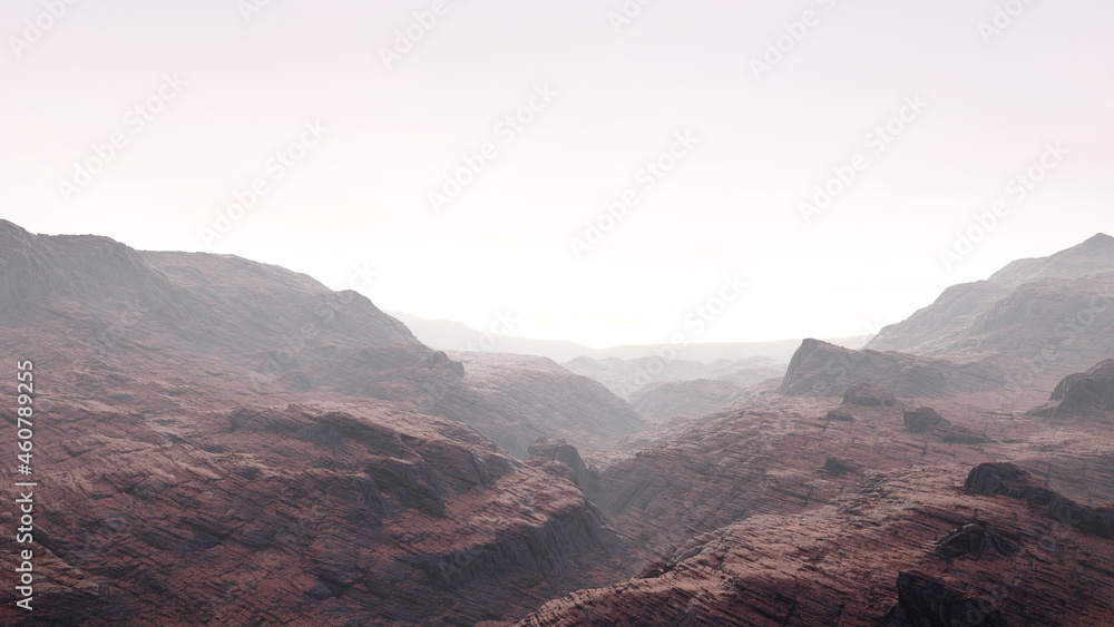 rocky landscape covered in mist, rough ground background
