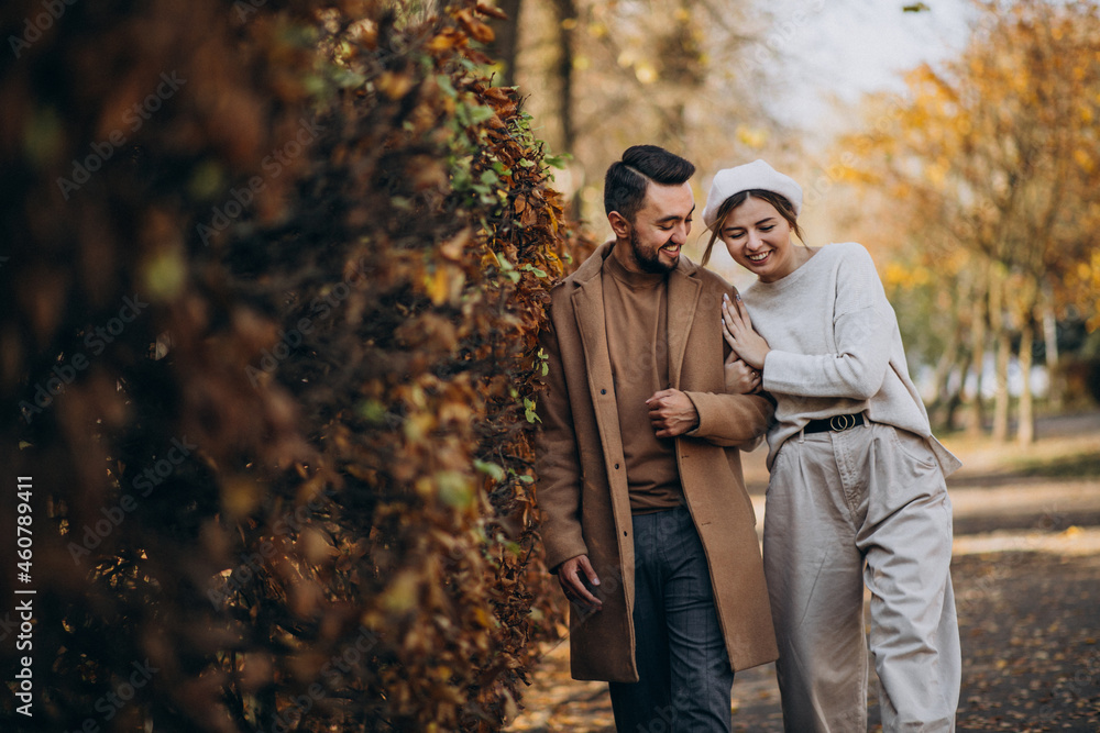 Young couple together in an autumn park