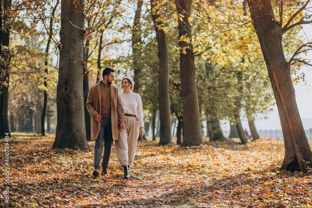 Fototapeta premium Young couple together in an autumn park
