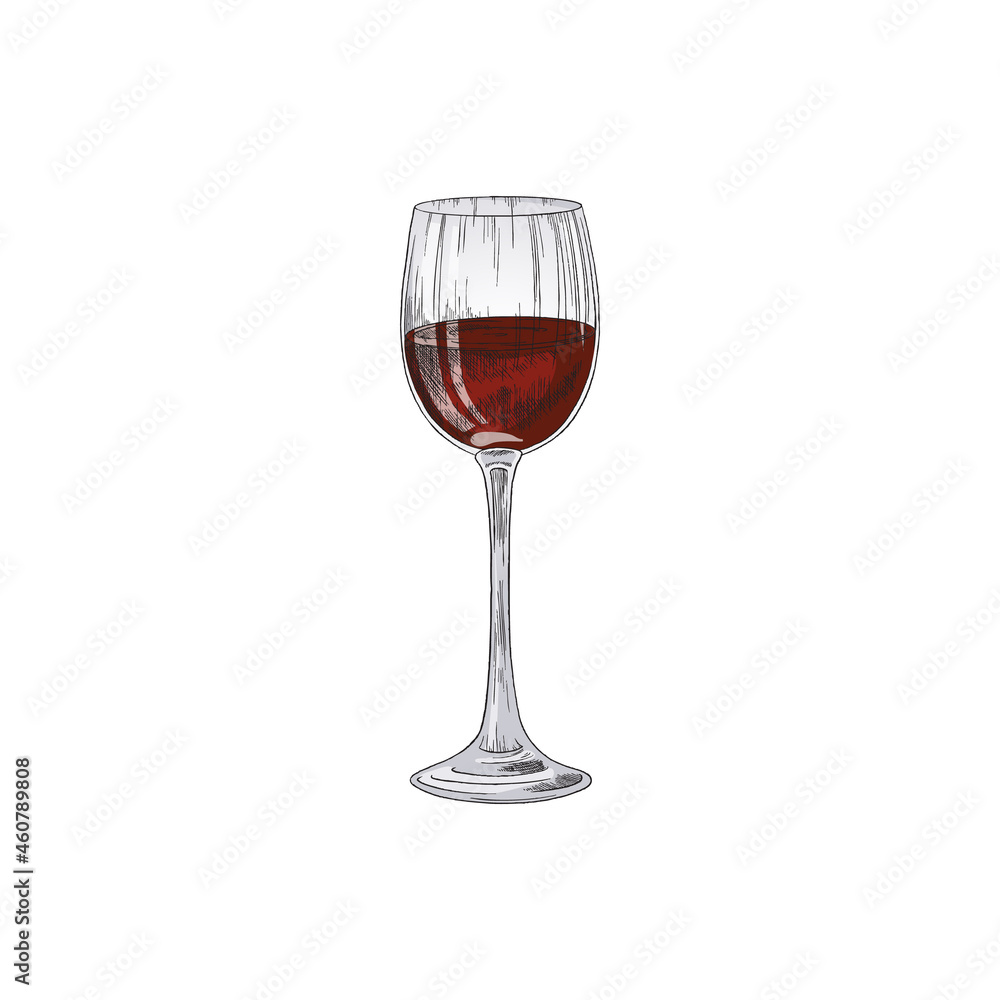 Glass of red wine in engraved colored sketch style, vector illustration isolated on white background. Glass of red wine in engraved colored sketch style, vector illustration isolated on white background.