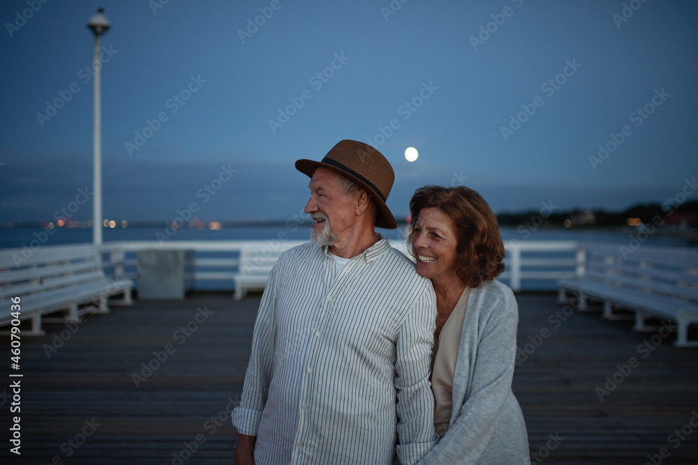 Happy senior couple in love on walk holding hands outdoors on pier by sea at moonlight, looking at view.
