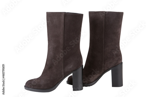 suede brown women's high-heeled boots, on white background