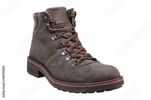 brown brutal boots made of nubuck leather, with a protector on the sole, on a white background