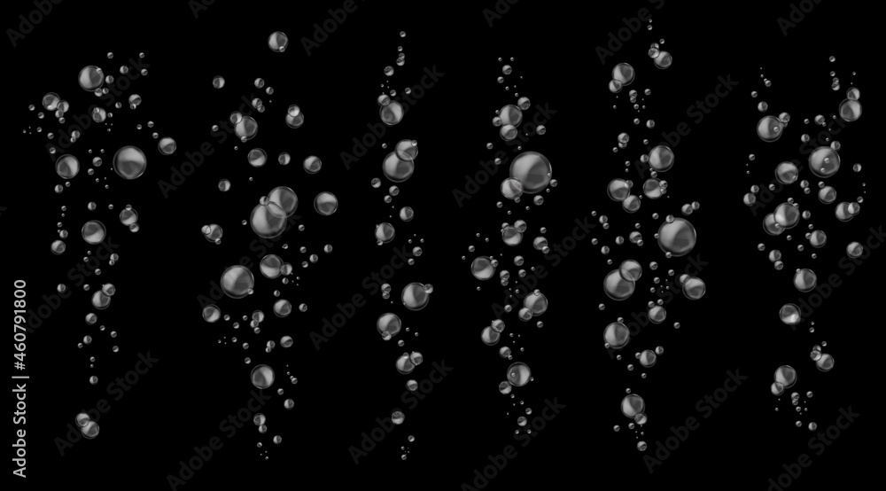 Bubbles water. Fresh soda bubble groups abstract. Effervescent oxygen texture. Underwater fizzing air sparkles isolated on black background. Aerated liquid backdrop. Vector realistic illustration - obrazy, fototapety, plakaty 