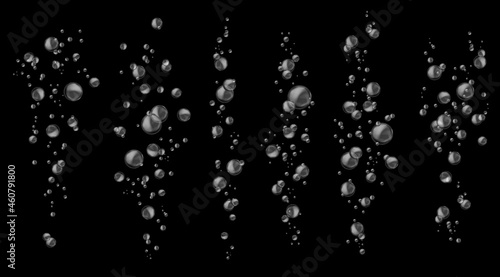 Bubbles water. Fresh soda bubble groups abstract. Effervescent oxygen texture. Underwater fizzing air sparkles isolated on black background. Aerated liquid backdrop. Vector realistic illustration