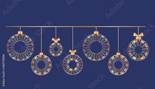 Golden Christmas balls garland vector illustration. For Christmas or Happy New Year card, wallpaper, invitation