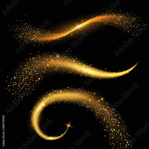 Light tails golden. Fairy magic stardust with yellow sparkles, christmas shiny star light. Glittering comets and festive gold powder. Visual physical effect, dynamic curve forms, vector set