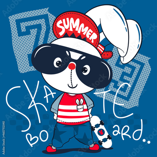 Cute little skater rabbit wearing sunglasses with skateboard isolated on navy blue background illustration vector, T-Shirt design for kids.