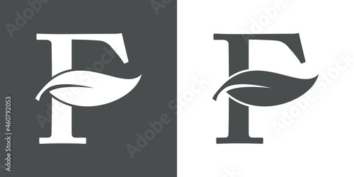 Logotipo letra inicial F con hoja de árbol en fondo gris y fondo blanco