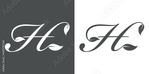 Logotipo letra inicial H con hojas de planta en fondo gris y fondo blanco