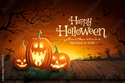 Vector illustration of Halloween pumpkin on Wood table floor with grave field in full moon a scary night background