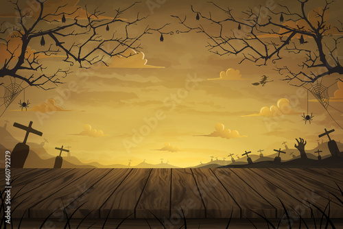 Vector illustration Wood table floor with wide field grave in full moon a scary night background for Halloween