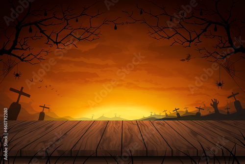 Vector illustration Wood table floor with wide field grave in full moon a scary night background for Halloween