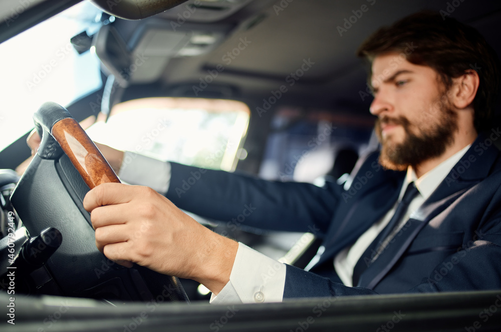 businessmen official passenger driver road communication by phone