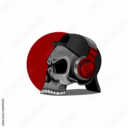 skull is listening to music through Headphones © selamet