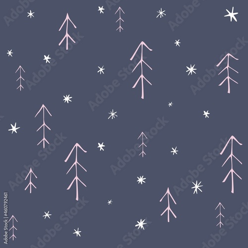 Seamless pattern with christmas trees in scandinavian style on snowy background. Simple minimalistic background for web, pint, wallpaper, wrapping paper, textile, scrapbooking.