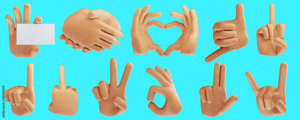 Fototapeta premium 3D Cartoon hand gestures icons set on isolated white background. 3d render illustration