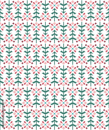 Seamless pattern with firs and flowers in scandinavian folk style. Pixel emboidery effect. Stock illustration for web and print, wallpaper, background, textile, scrapbooking and wrapping paper.