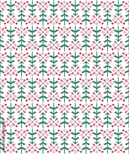 Seamless pattern with firs and flowers in scandinavian folk style. Pixel emboidery effect. Stock illustration for web and print, wallpaper, background, textile, scrapbooking and wrapping paper.